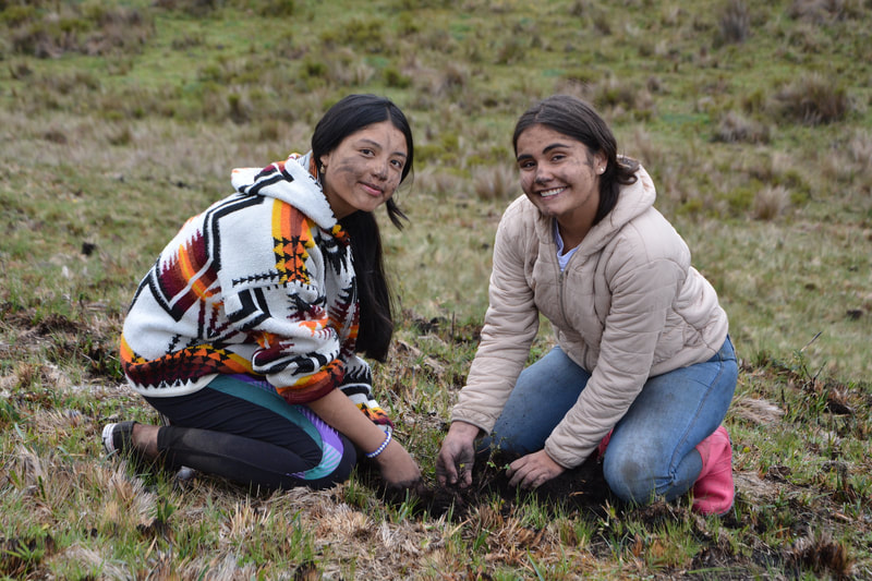 Two women planting a tree in the Andean Mountains